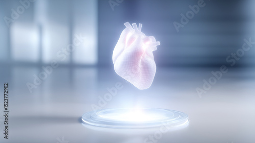 Floating heart model displayed in a futuristic lab setting during a technological showcase