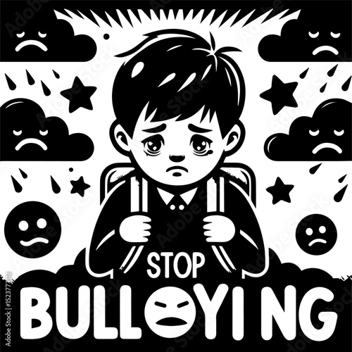 Sad boy with backpack expressing feelings about bullying 