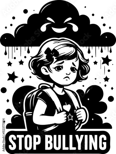 Sad girl with backpack standing under dark clouds with text 