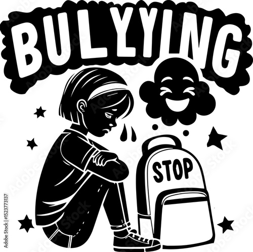 Young girl sitting alone with backpack, expressing sadness about bullying  