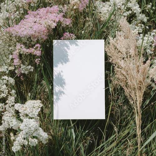Blank white 5x7 vertical card flatlay on the grass, mockup photography style