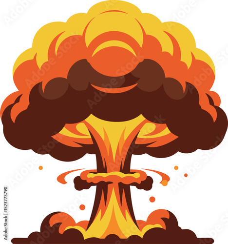 Nuclear explosion mushroom cloud vector illustration with orange and brown colors 