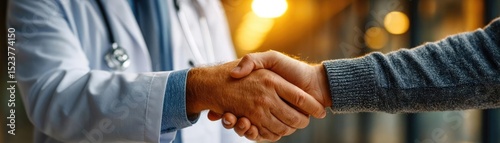 Colon cancer awareness through healing and diagnosis support concept. A doctor and a patient shaking hands in a warm, welcoming setting.