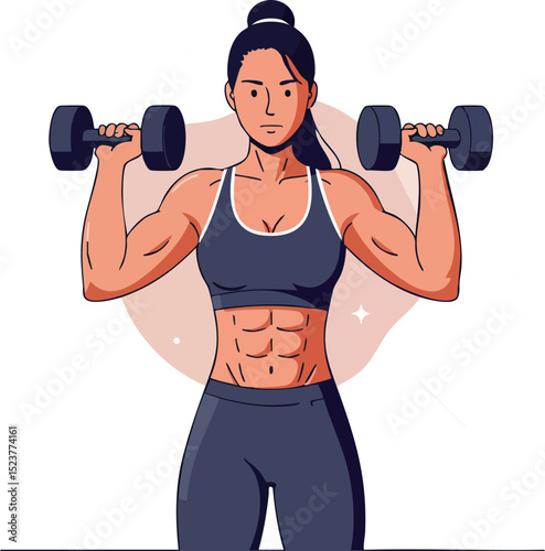 Fit muscular woman lifting dumbbells in gym workout exercise illustration 