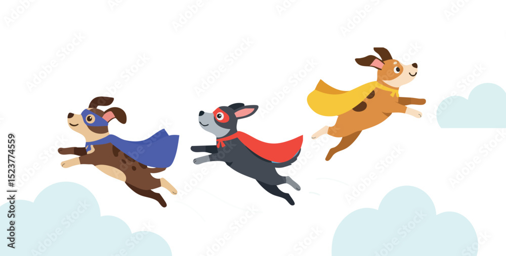 Naklejka premium Three Flying Dogs with Colorful Capes Vector Illustration with Blue Red Yellow Accents