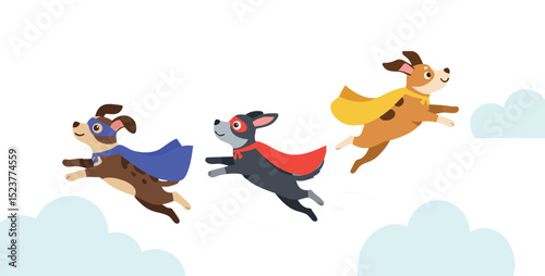 Three Flying Dogs with Colorful Capes Vector Illustration with Blue Red Yellow Accents 
