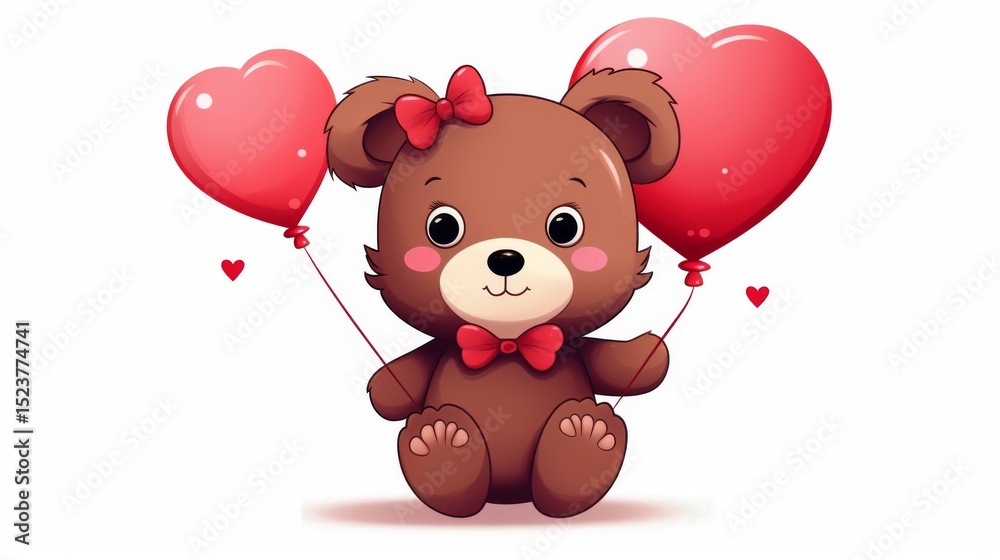 Obraz premium Cute cartoon animals like teddy bears hold heart balloons, perfect for Valentine's Day. Great for romantic wedding designs, t-shirts, and stickers. 