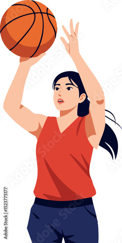 Woman basketball player shooting ball in sports action vector illustration with red and blue clothes 