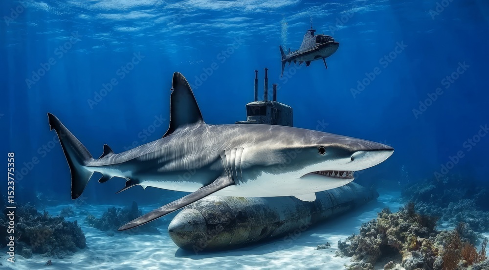 Fototapeta premium Great White Shark Swimming Over Submarine in Coral Reef