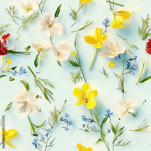 seamless pattern of vibrant 3D wildflowers, including yellow, white, and red blooms, with crisp green leaves, artfully scattered on a serene light blue background. Perfect for botanical themes.