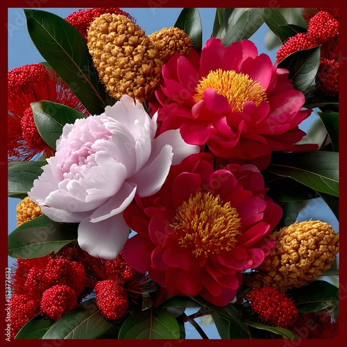 Vibrant floral bouquet, with pink, red, and gold blooms, set against a sky blue background
