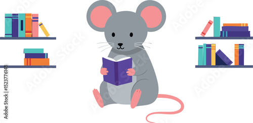 Cute gray mouse reading book with colorful bookshelves educational vector illustration 