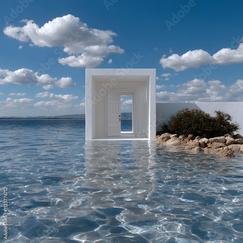 White architectural portal over water, framed by the sky