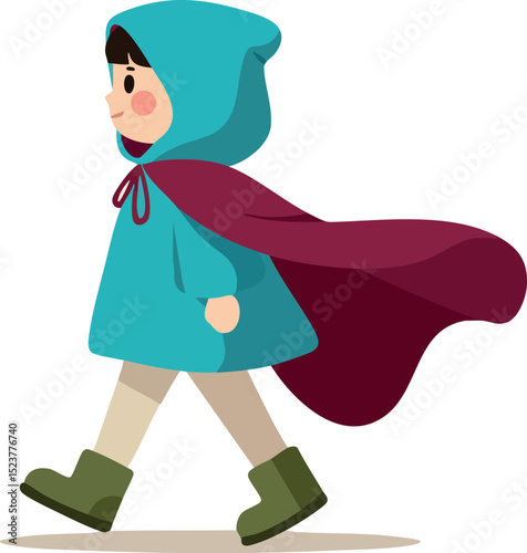 Child walking with blue hooded coat and red cape vector illustration 