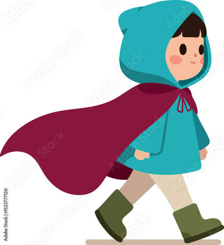 Child walking in blue hoodie and red cape cartoon vector illustration 
