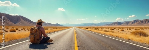 A lone backpack sits on the side of a deserted highway, thumb extended, under a vast, summer sky The scene evokes a sense of adventure and the open road , lonely, journey, scenic
