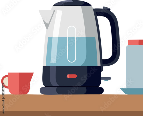 Electric kettle with water level and red cup on kitchen counter vector illustration 