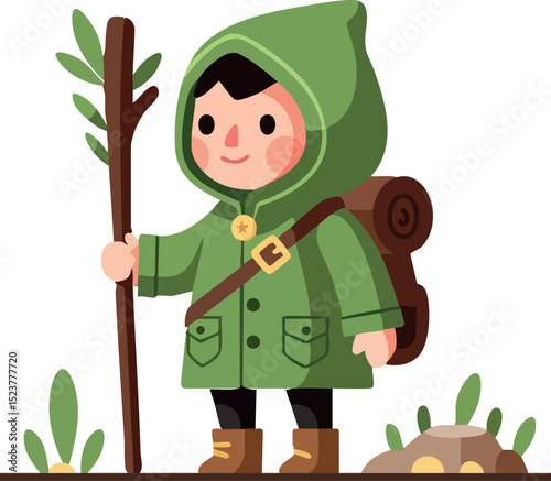 Child wearing green hooded jacket holding wooden stick outdoor adventure illustration 