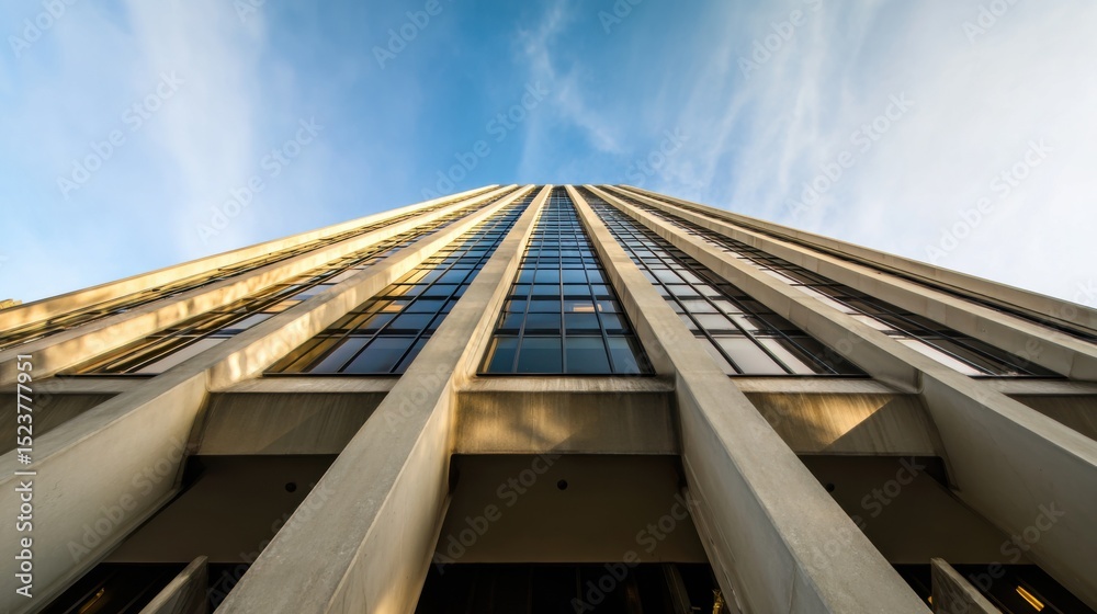 Fototapeta premium Towering modern skyscraper with dark-tinted glass windows and light-colored vertical concrete elements, captured from a low-angle perspective emphasizing grandeur and height. Sunlight casts a warm glo