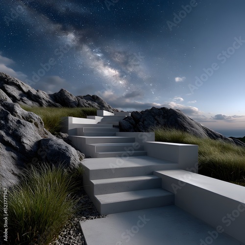 White steps ascend a mountain under a night sky with milky way