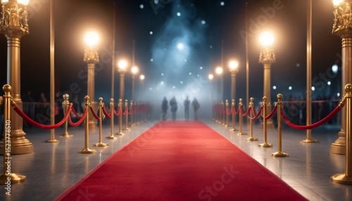 A vibrant red carpet event with gold stanchions invites attendees to celebrate under lights. photo