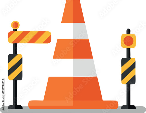 Traffic cone with caution barriers and warning lights in flat style vector illustration 
