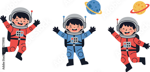Three Kids Wearing Space Suits with Planets in Cartoon Style Vector Illustration 