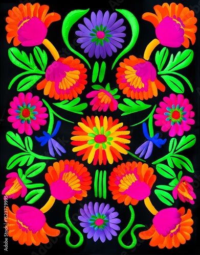 Vibrant floral embroidery on black textile, showcasing a rich palette of neon colors and intricate patterns.