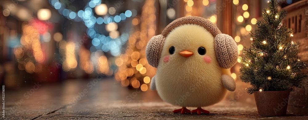 Obraz premium Christmas Chick Holiday Illustration Cute chick with earmuffs in festive scene.