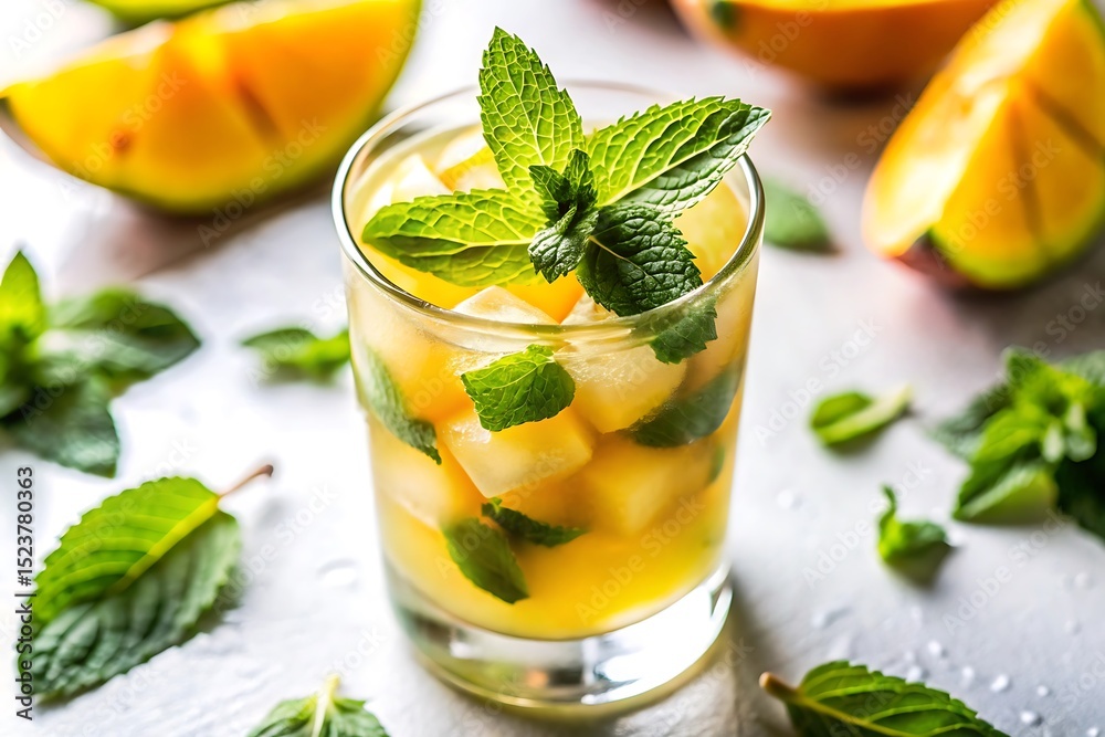 Fototapeta premium Glass of a drink with a green leaf on top
