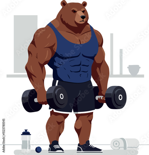 Muscular bear lifting dumbbells in gym workout fitness training vector illustration 