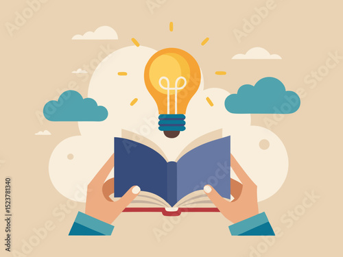 Flat Design Illustration of Blue Sleeve Hand Presenting Book with Glowing Lightbulb Above