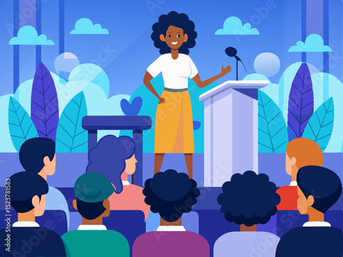 Flat Design Illustration of Woman Speaker Addressing Engaged Crowd in Modern Theater Setting