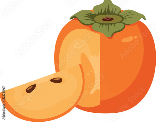 Persimmon fruit with slice showing orange flesh and green calyx vector illustration 