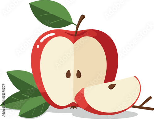Red apple cut in half with leaves fresh fruit healthy snack vector illustration 