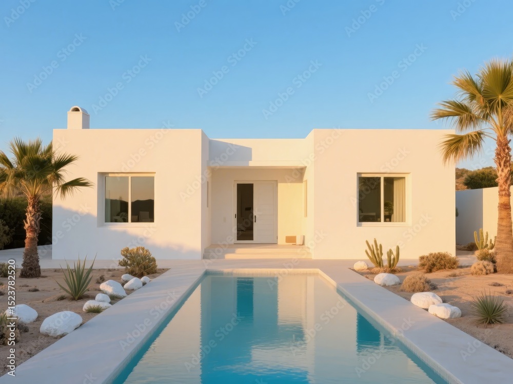 Fototapeta premium Modern white villa with a long swimming pool and palm trees under a clear blue sky