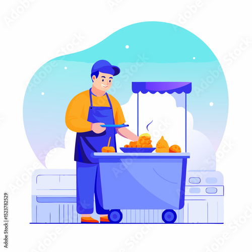 A person cooking street food. Cartoon vector illustration on white background.