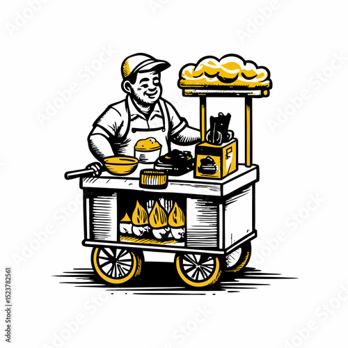 Hand drawn a person cooking street food image. Flat image isolated on white background. Vector illustration.