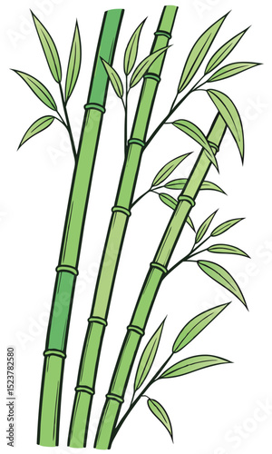 Illustration vector style, Three bamboo stalks with green leaves, light green and dark green gradient, black outlines, on a white background