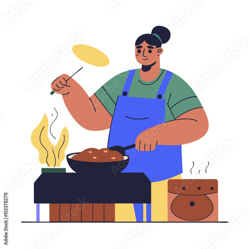 A person cooking street food image. Flat image isolated on white background. Vector illustration.