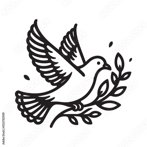 Line art of dove using feet carrying an olive branch vector