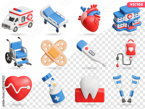 Medical 3D Vector Icon Set: ambulance,hospital bed,human heart,hospital building,wheelchair,adhesive plaster,thermometer,blood transfusion bag,heart, medicine bottle with pills,tooth,crutches.