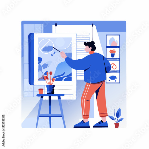 A person creating illustration. Flat style. Vector illustration.