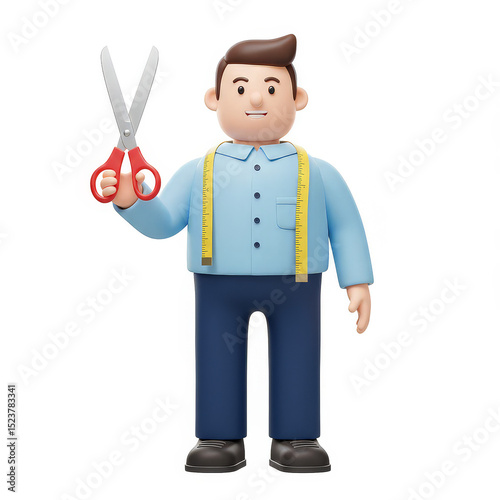 Cartoon tailor figure holding scissors and tape measure