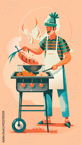 A person cooking street food watercolor image. Flat style. Vector illustration.