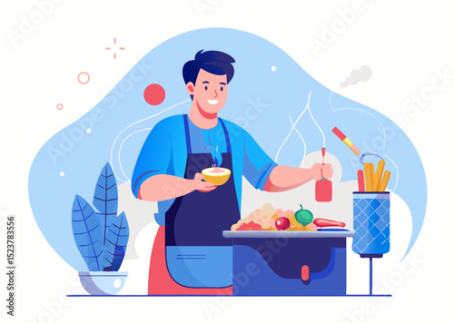 A person cooking street food image. Cartoon style. Vector illustration.