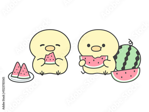 カットされたスイカを座って食べるかわいい2匹のひよこイラスト