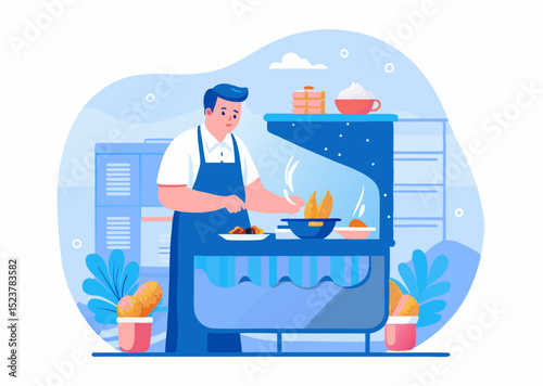 A person cooking street food image. Cartoon style. Vector illustration.
