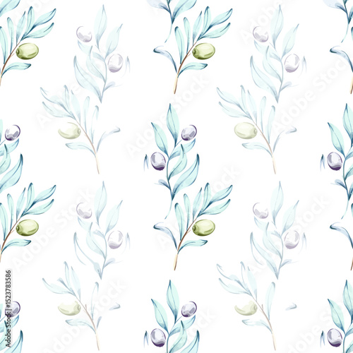 Beautiful seamless pattern featuring olives and olive oil in watercolor technique perfect as a background or wallpaper for Italian cuisine lovers and nature enthusiasts
