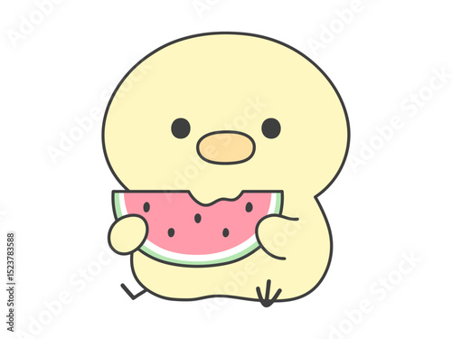 カットされたスイカを座って食べる可愛いひよこのイラスト
